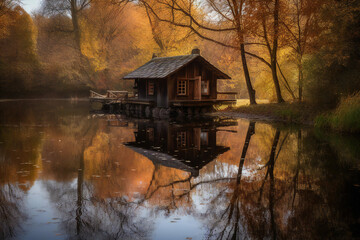 In the holiday cottage by the lake, the autumn scenery is charming and pleasant. 