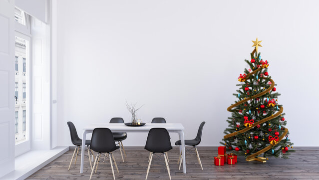 Decorated Christmas tree in a Scandinavian dining room with copy space. Minimalist and elegant living room 3d interior render design with Christmas concept.