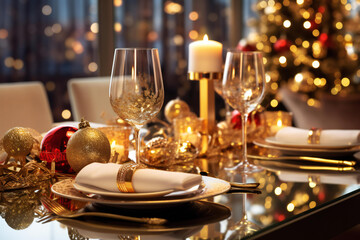 Fototapeta na wymiar White, red and gold Happy New Year elegant fine dining table place setting in gold theme Christmas and New Year decorations. 
