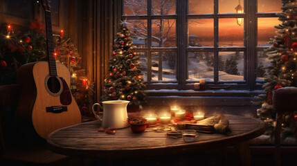 The Christmas tree is shining, next to the burning fireplace and two coffees on the table. 