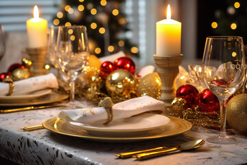 White, red and gold Happy New Year elegant fine dining table place setting in gold theme Christmas and New Year decorations. 