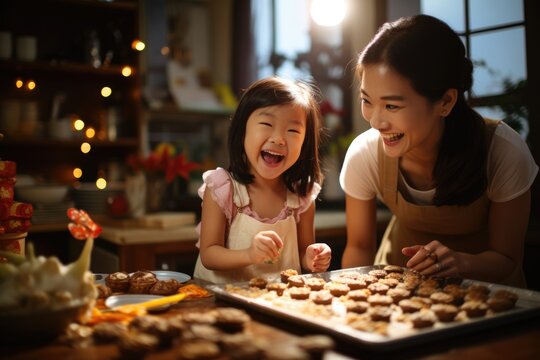 Happy Laughing Asian Mother And Child Wearing Cooking And Decorating Christmas Cookies. AI Generated