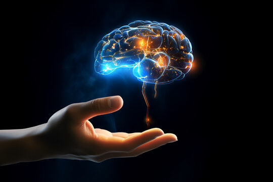Hand touching brain of AI, Symbolic, Machine learning, artificial intelligence of futuristic technology. AI network of brain on business analysis, innovative and business growth development