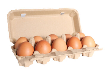 Egg carton with eggs isolated on a white background Fresh organic eggs in a cardboard box