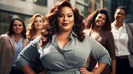 A confident plus-size woman leading a group of professionals in a business setting