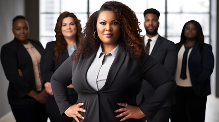 A confident plus-size woman leading a business meeting with authority and professionalism