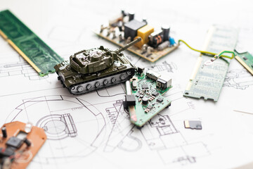 military tank and microcircuits. green camouflage