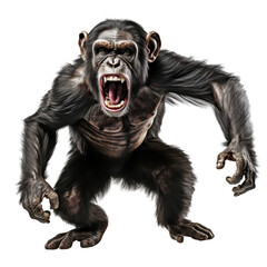 screaming wild chimpanzee running towards camera, isolated on transparent png background, generative ai