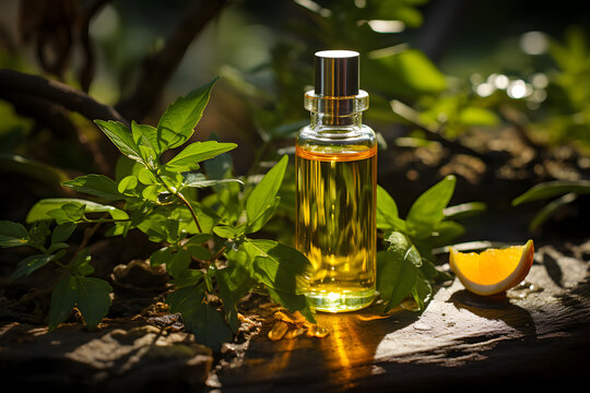 Vial with orange oil on a natural background