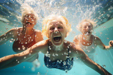 Elderly grandmothers swimming in a pool with joy, smiling and laughing. Old Women living retirement years with joy energy and fun - obrazy, fototapety, plakaty