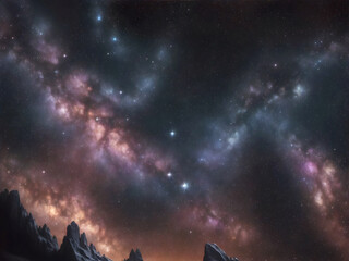 Obraz premium Starry christmas night, cosmic sky winter landscape, magic mountains. New year greeting card, postcard, background with copyspace.