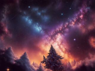 Fototapeta premium Starry christmas night, cosmic sky winter landscape, magic mountains. New year greeting card, postcard, background with copyspace.