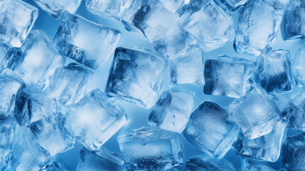 Ice cubes bluish background. Frozen water. Cold fresh concept. Generative AI 