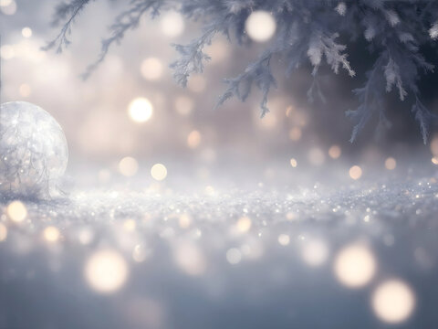 Blurred christmas bokeh in white and silver colors, glittering lights, magic atmosphere. New year greeting card, postcard with copyspace.