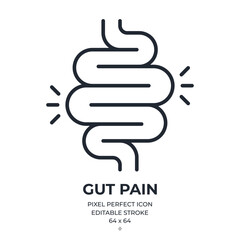 Gut pain, colitis, constipation editable stroke outline icon isolated on white background flat vector illustration. Pixel perfect. 64 x 64. - obrazy, fototapety, plakaty