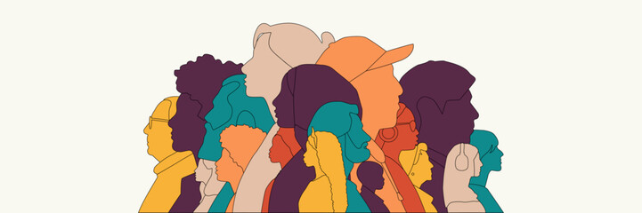 Different people stand side by side together. Modern colour design.