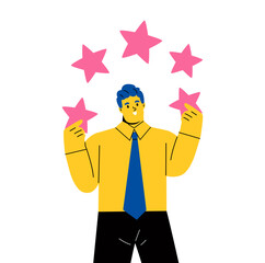 Five stars the best estimate of performance. Business man leave feedback and comments, successful work is the highest score. Flat vector illustration isolated on white background