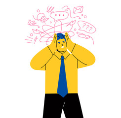 Business man in stress. Obsessive compulsive, anxiety disorder concept. Flat vector illustration isolated on white background