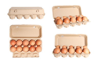 Egg carton with eggs isolated on a white background Fresh organic eggs in a cardboard box