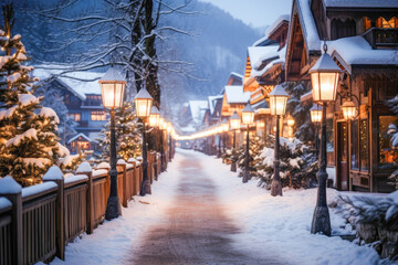 Fototapeta na wymiar Lantern-lit path to cozy apres-ski village. Winter magic awaits in this enchanting setting.