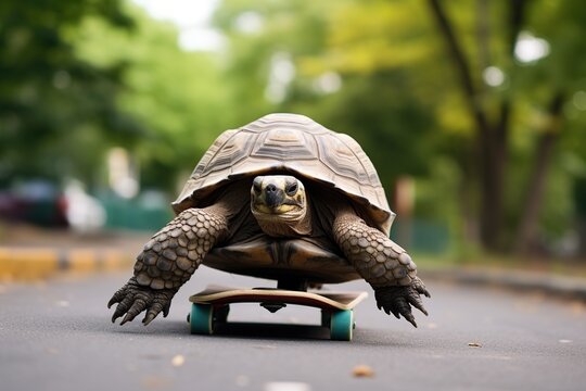 A tortoise riding on a skateboard, Generative AI