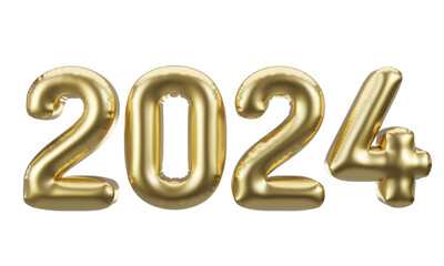 Happy New Year 2024 metallic gold foil balloons. 3D Illustration Golden Helium balloons 2024.