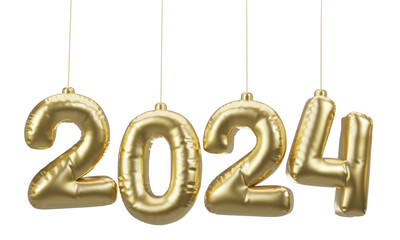 Happy New Year 2024 metallic gold foil balloons. 3D Illustration Golden Helium balloons 2024.