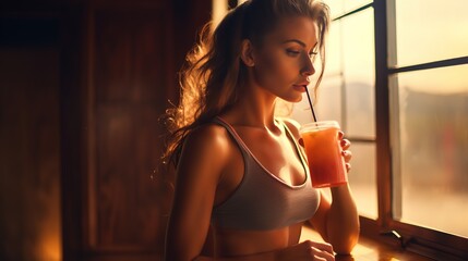 Fit girl holds a natural smoothie in her hand. Concept of a healthy lifestyle and detox - obrazy, fototapety, plakaty
