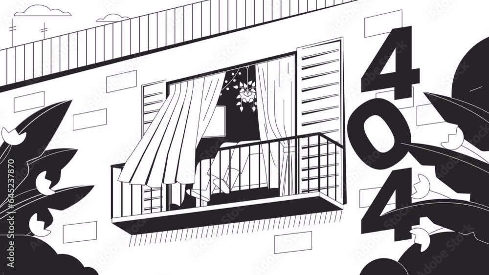 Poster relaxing on balcony black and white error 404 animation. curtain open window breeze error message gi