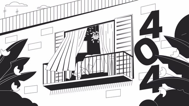 Relaxing on balcony black and white error 404 animation. Curtain open window breeze error message gif, motion graphic. Barefoot legs. Relaxed weekend animated scene linear 4K video isolated on white