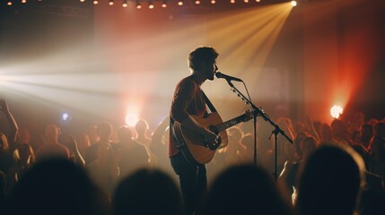 Handsome Man Perform Singing and Playing Guitar in Front of Audience