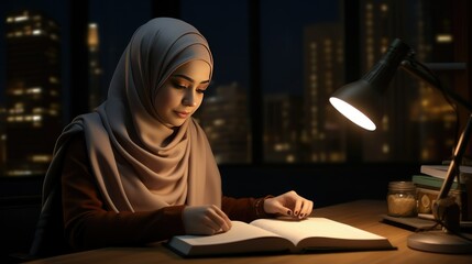 Fototapeta na wymiar Young Muslim Hijab Woman Study with Desk Lamp in Midnight