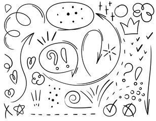 Sketch underlining, accent, arrow shape set. Hand drawn brush stroke, speech bubble, underline, glitter element, stars, heart, texture. selection, vector illustration