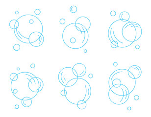 Set of flat blue line bubbles. Soap foam, carbonated drink, oxygen bubble pictogram, vector illustration.