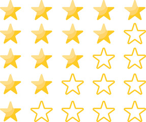 Obraz premium Large set of golden stars rating, rating from one star to five, on a transparent background, vector graphics, golden star