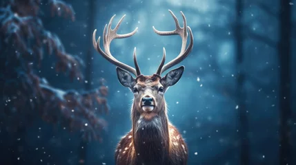 Fotobehang Red deer stag in the winter forest. Noble deer male. Banner with beautiful animal in the nature habitat. Wildlife scene from the wild nature landscape. Wallpaper, Christmas background © ratatosk