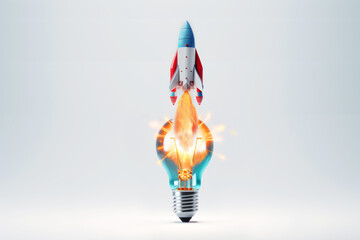A rocket launches from a light bulb. Cartoon rocket awakens and grows innovative ideas. Concepts that spark new and innovative ideas