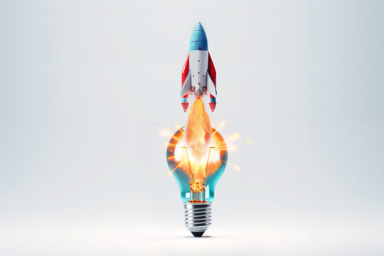 A rocket launches from a light bulb. Cartoon rocket awakens and grows innovative ideas. Concepts that spark new and innovative ideas