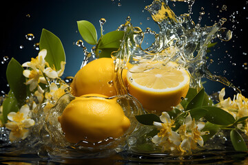 Splashes of lemon juice, lemon fruits and flowers - obrazy, fototapety, plakaty