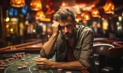 Addicted gambler man losing a lot of money playing poker in casino, gambling addiction. Divorce, loss, ruin, debt, Depressed addicted man. - obrazy, fototapety, plakaty