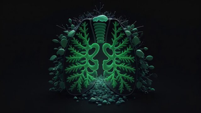 Futuristic animation with green human lungs on dark grunge background. Green x-ray image, ecology and green energy concept. AI generated animation with image transformations.