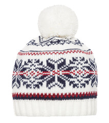 White knitted winter bobble hat  decorated with Scandinavian geometric ornament. Handmade woolly cap with pompom on top