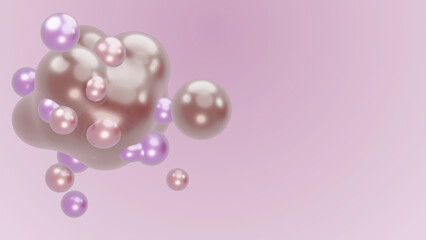 3D render animation motion design presentation background wallpaper metasphere. Pink purple abstract meta sphere liquid shape moving deformation transition to meta balls bubbles drops pearls molecules