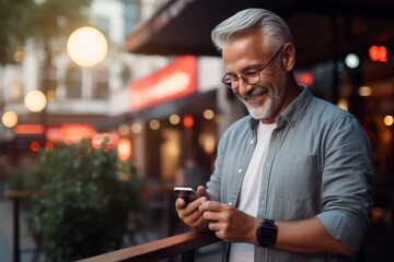 Smiling mature man in eyeglasses using smartphone while standing outdoors - obrazy, fototapety, plakaty