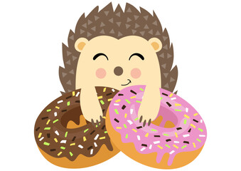 Funny hedgehog with strawberry and chocolate donuts.