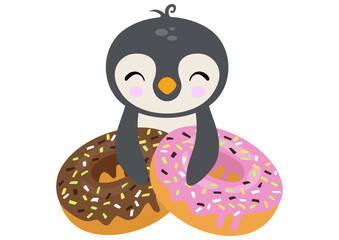 Funny penguin with strawberry and chocolate donuts