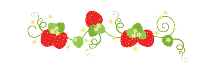 Branch of strawberry plant with berries, leaves and flowers
