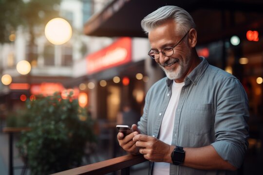 Smiling Mature Man In Eyeglasses Using Smartphone While Standing Outdoors