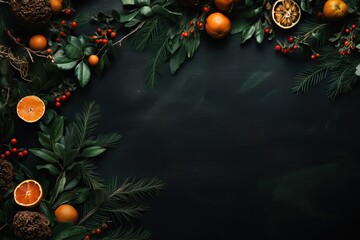 Autumn or winter frame with dry green leaves, berryes, oranges and fir. Thanksgiving and Harvest day trendy dark green background with beautiful leaves. Fall leaf border with copy space