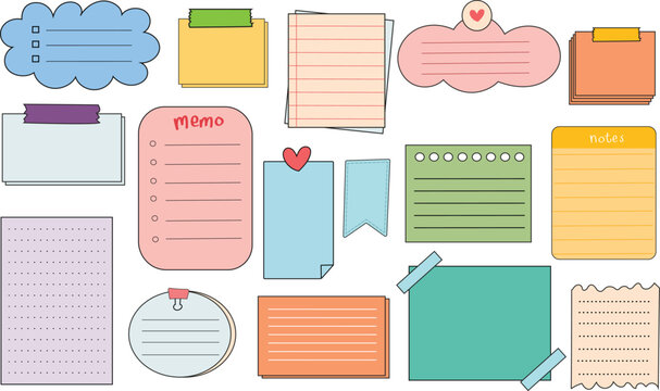 Hand drawn notes illustration, bullet journal elements, colorful printable tags. Girly stuff, sticky notes